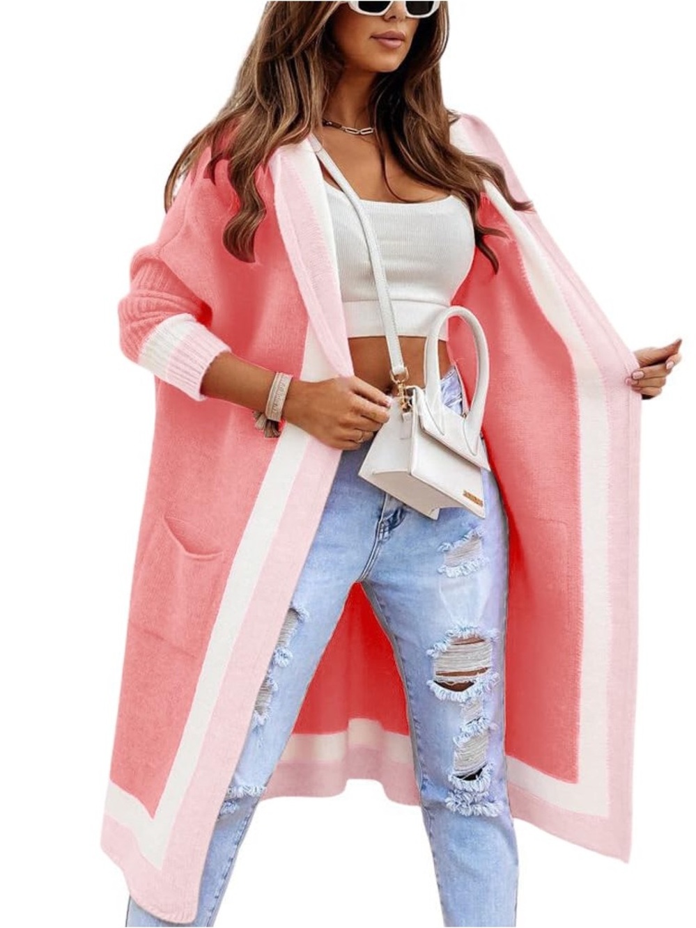 Pink Open-Front Long Cardigan Sweater with White Trim